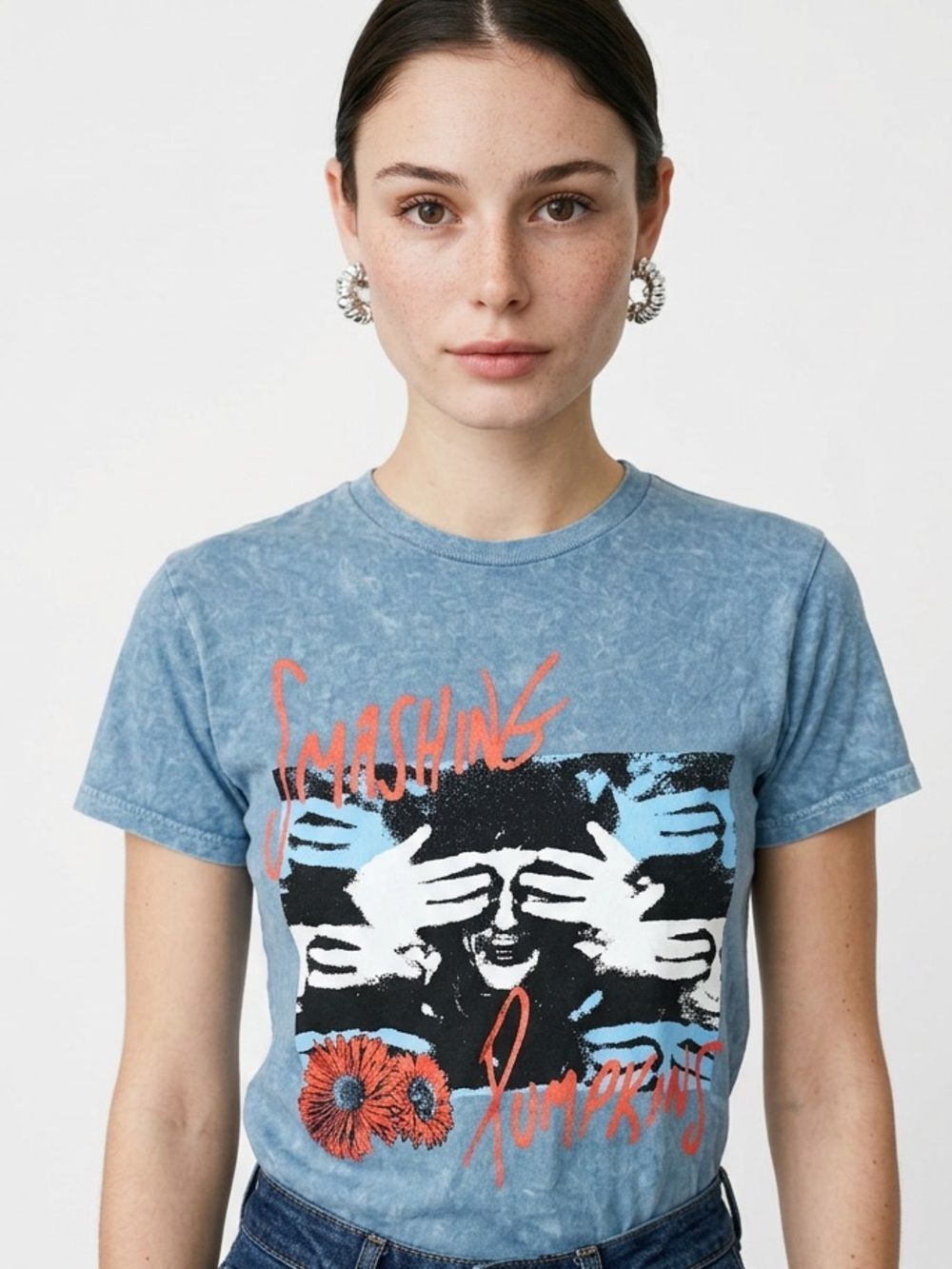 SMASHING PUMPKINS | NEW Blue Acid Wash Short Sleeve Band Tee Women’s Size Medium